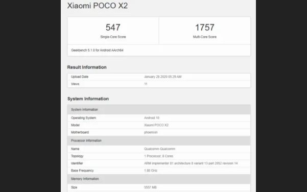 POCO X2 6GB和8GB RAM變體在發(fā)布前在Geekbench上列出