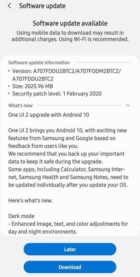 三星Galaxy A70s，Galaxy A6（2018）更新使Android 10帶有一個(gè)UI 2.0