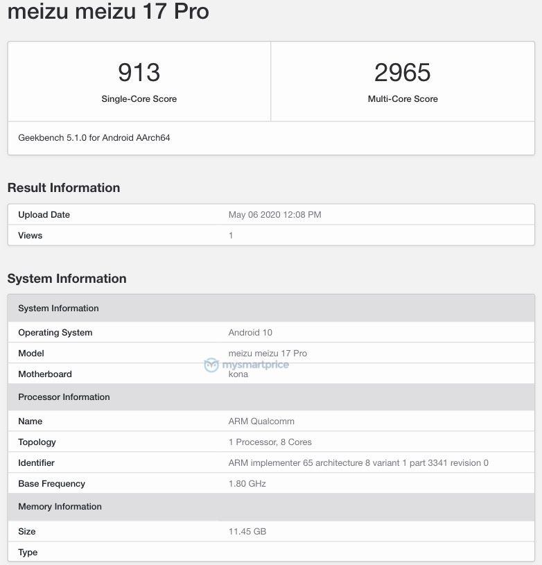 [更新：Meizu 17 Pro Too]出現在帶有Snapdragon 865 SoC，8GB RAM的Geekbench上