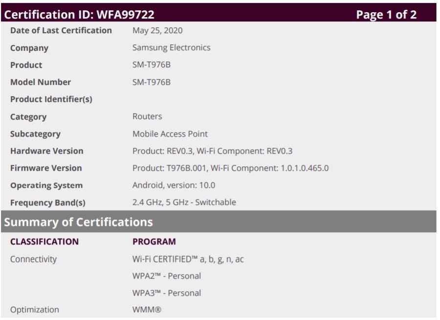 三星Galaxy Tab S7 + 5G取得Wi-Fi認證