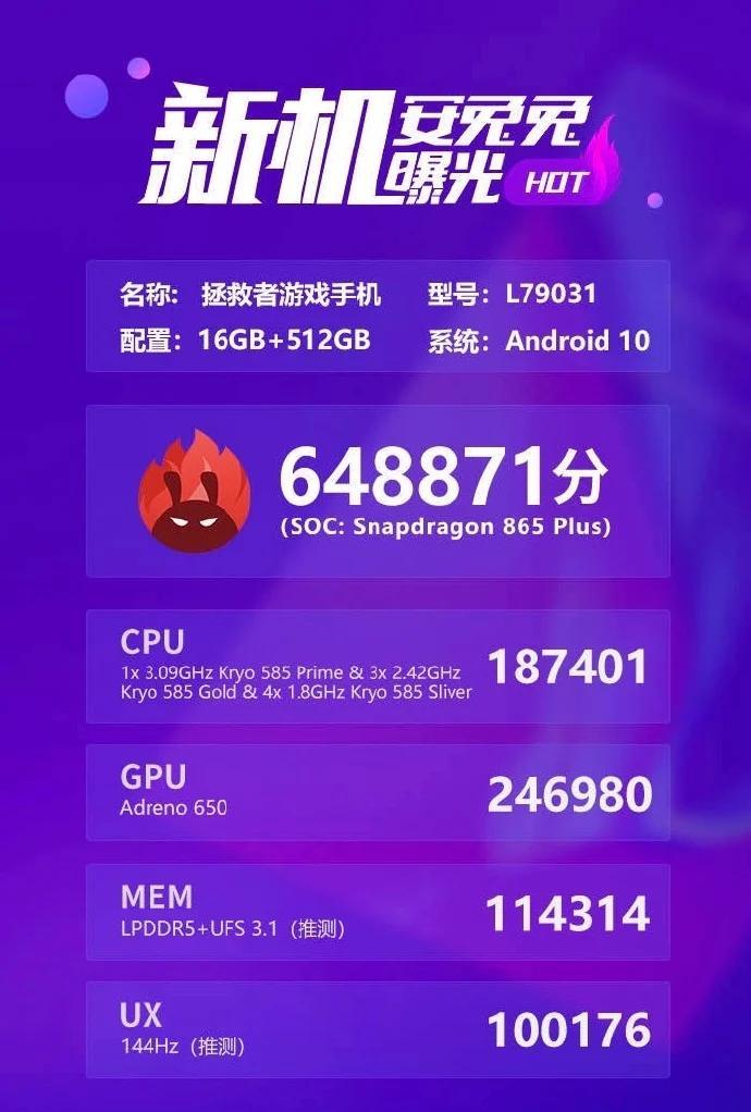 聯(lián)想Legion游戲手機AnTuTu上市揭示了Snapdragon 865 Plus，16GB RAM和648K +得分