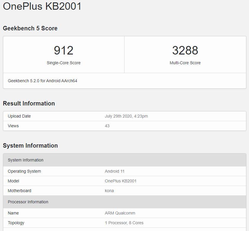 據稱(chēng)OnePlus 8T帶有新芯片和操作系統出現在Geekbench上