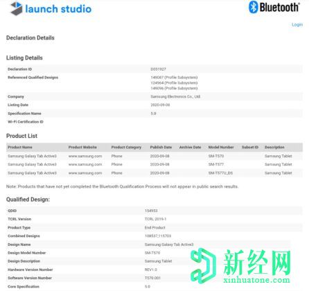 三星Galaxy Tab Active3藍牙SIG認證; 發(fā)布可能快要結束了