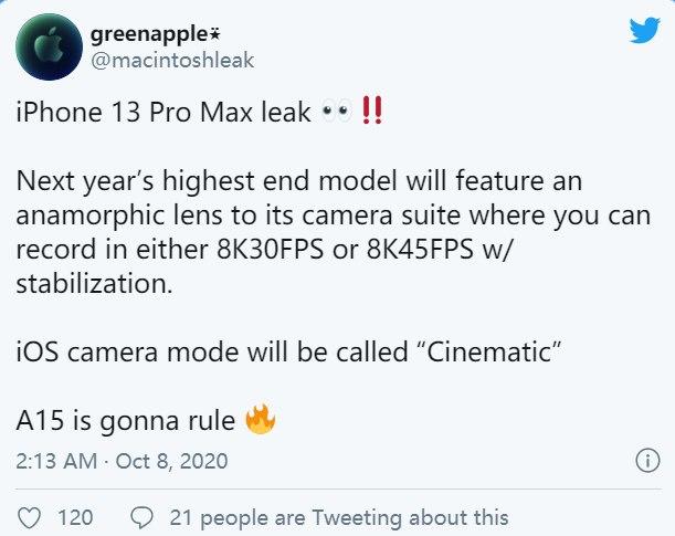 iPhone 13 Pro Max相機升級,可以捕捉高達45FPS的穩定8K視頻的變形鏡頭