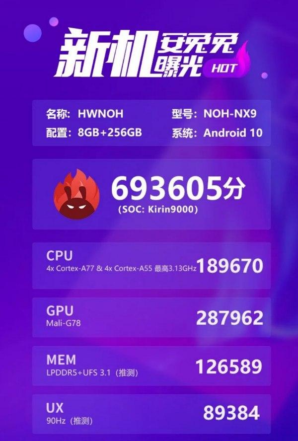 華為Mate 40 Pro在安兔兔基準測試中獲得69萬(wàn)+的得分