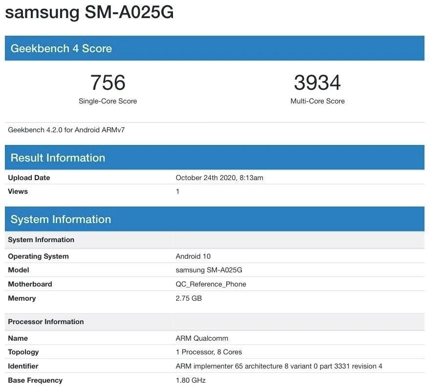 三星Galaxy A02s通過(guò)Snapdragon 450訪(fǎng)問(wèn)Geekbench