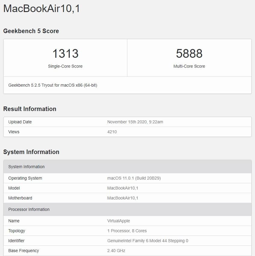 在Rosetta 2下運行x86仿真的M1 MacBook Air仍比單核工作負載中的每個(gè)Mac型號都要快