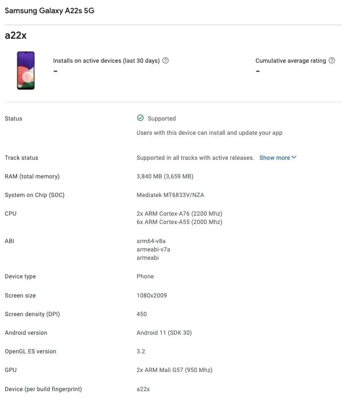 帶有MediaTek Dimensity 700 SoC的Samsung Galaxy A22s 5G出現在Google Play控制臺和支持的設備列表中