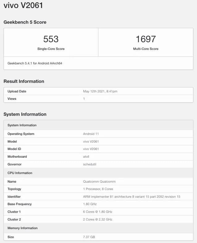 帶有Snapdragon 720G SoC，8GB RAM的Vivo V21 SE出現在Geekbench列表中