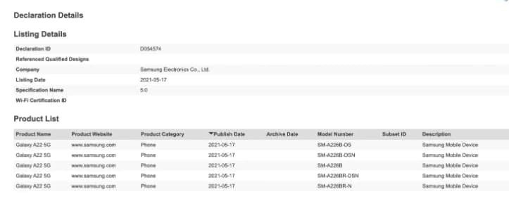 三星Galaxy A22 5G在正式發(fā)布前已經(jīng)通過(guò)藍牙SIG認證