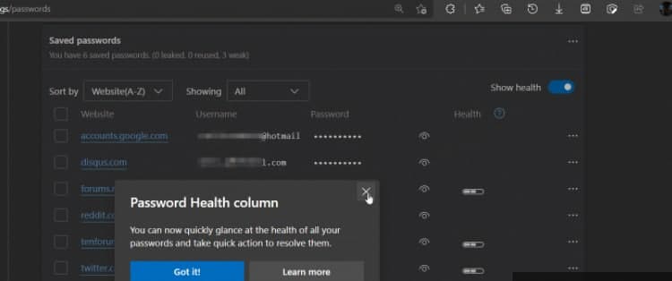 微軟邊緣通過(guò)健康儀表板等獲得一個(gè)改進(jìn)的密碼監視器