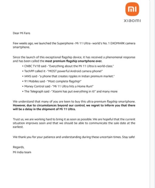 11 Ultra在印度無(wú)限期延期銷(xiāo)售；小米向粉絲道歉