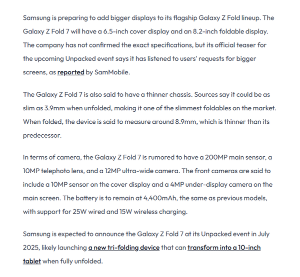 三星Z Fold 7核心配置曝光：3.9毫米機身＋4400mAh電池