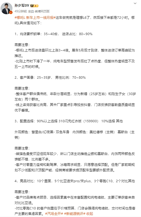 哪吒L分析報告：均店累積鎖單35~40臺 客戶(hù)群偏傳統 