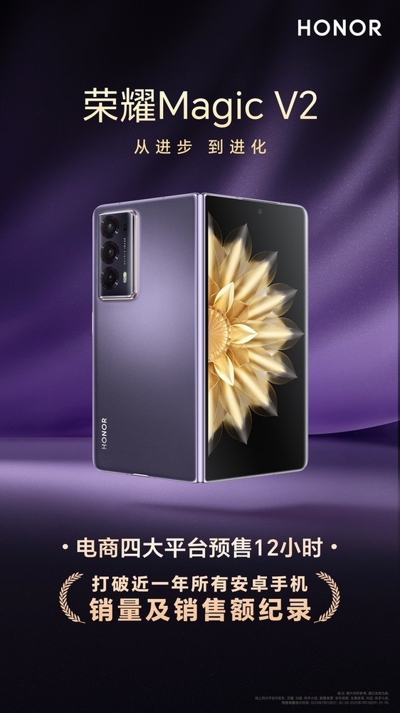榮耀Magic V2打破安卓手機銷(xiāo)量/銷(xiāo)售額紀錄