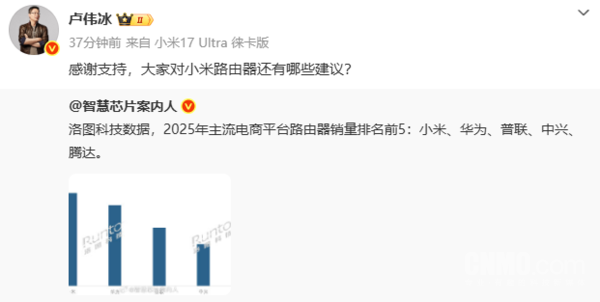 盧偉冰回應小米路由器銷(xiāo)量第一 市場(chǎng)份額接近30%！