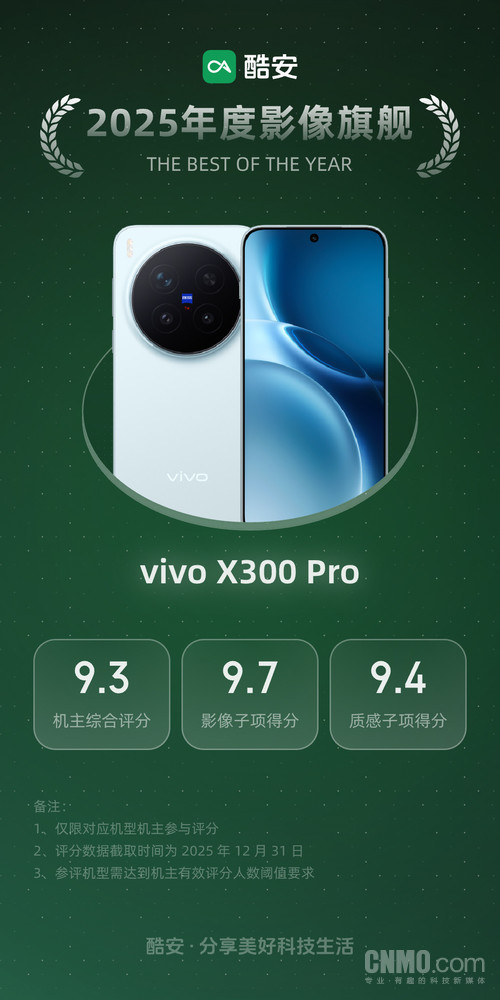 酷安2025年度影像旗艦揭曉：vivo X300 Pro以9.7分登頂