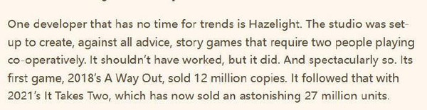 《雙人成行》全球銷(xiāo)量突破2700萬(wàn)份 制作人稱(chēng)下部更好